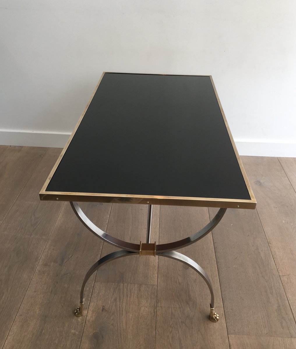 Rare Brushed Steel And Brass Neoclassical Style Coffee Table With Claw Feet. Maison Jansen. -photo-3