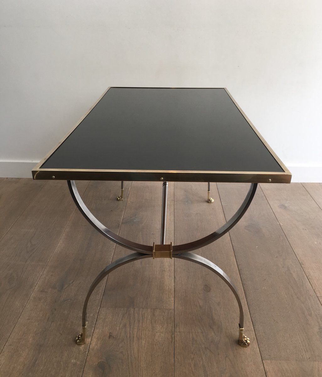 Rare Brushed Steel And Brass Neoclassical Style Coffee Table With Claw Feet. Maison Jansen. -photo-4