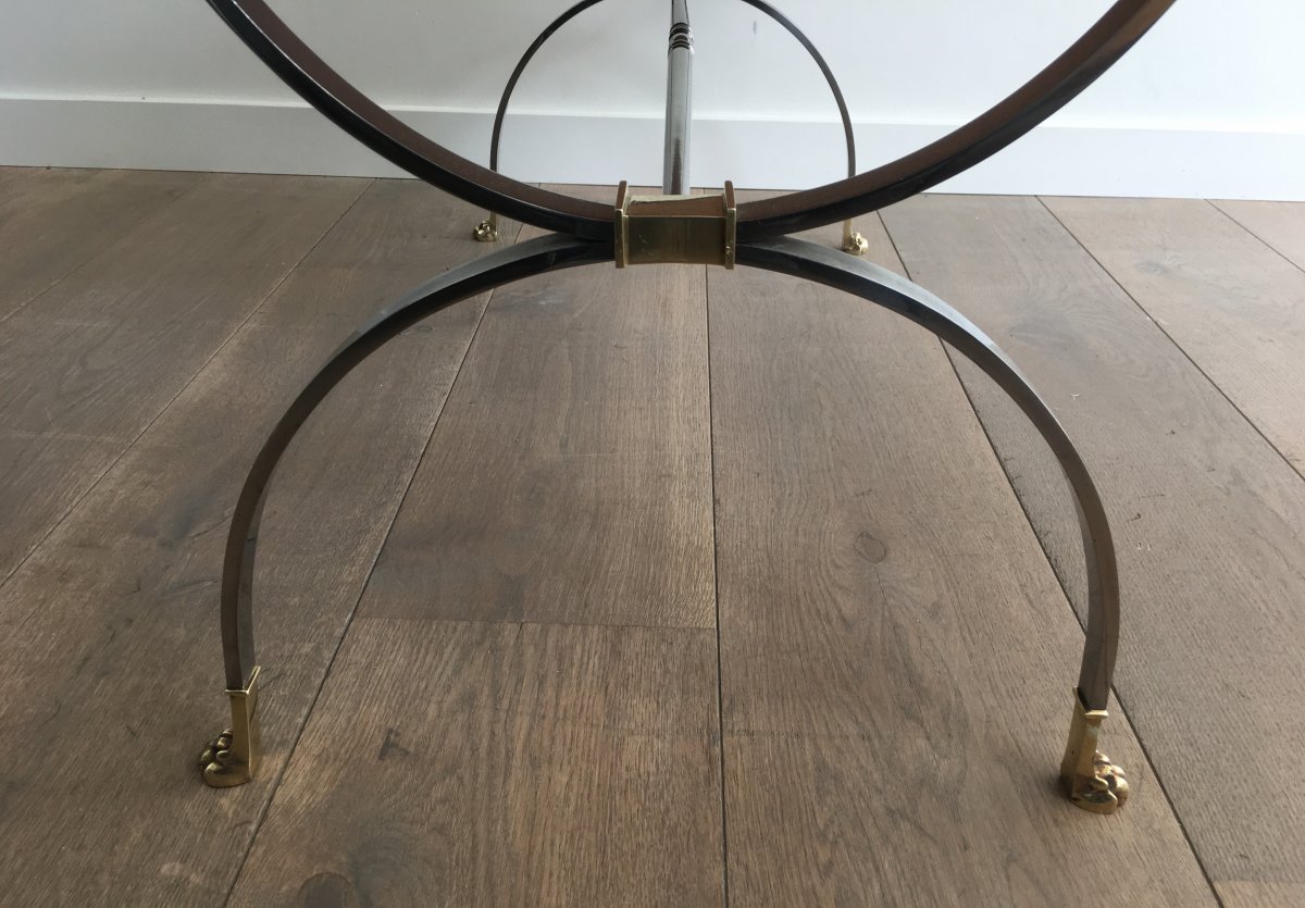 Rare Brushed Steel And Brass Neoclassical Style Coffee Table With Claw Feet. Maison Jansen. -photo-1