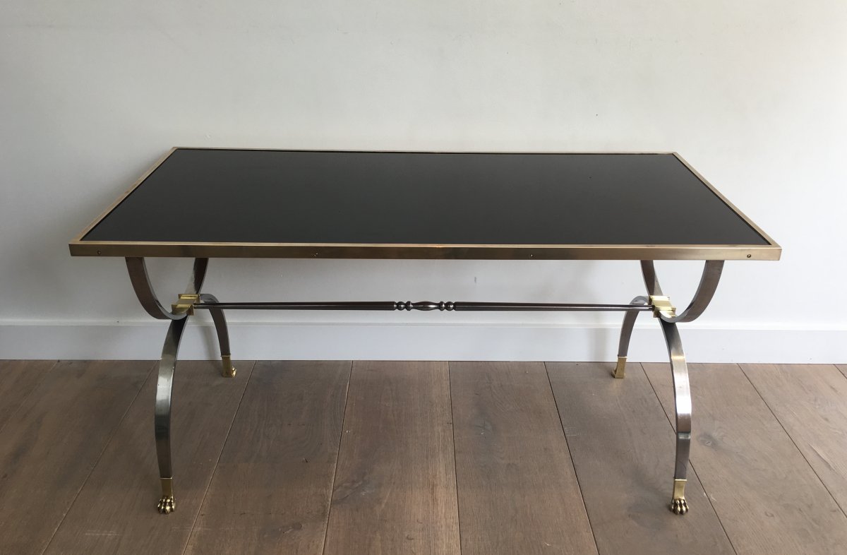 Rare Brushed Steel And Brass Neoclassical Style Coffee Table With Claw Feet. Maison Jansen. 