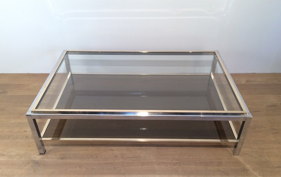 Large Chrome And Brass Coffee Table  Attributed To Willy Rizzo. Circa 1970-photo-3