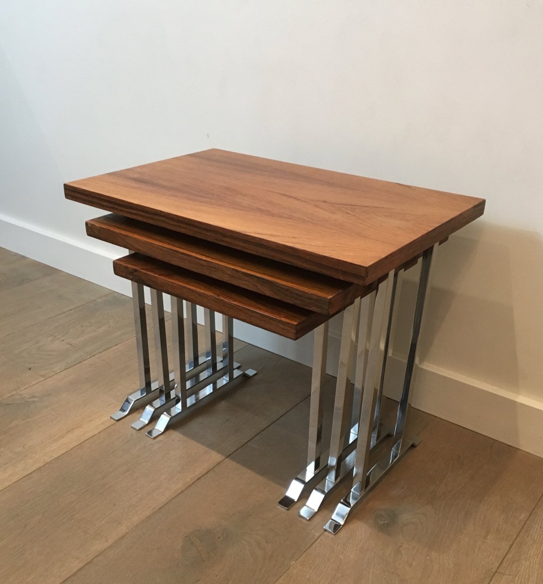 Set Of 3 Exotic Wood And Chrome Nesting Tables. French. Circa 1970-photo-2