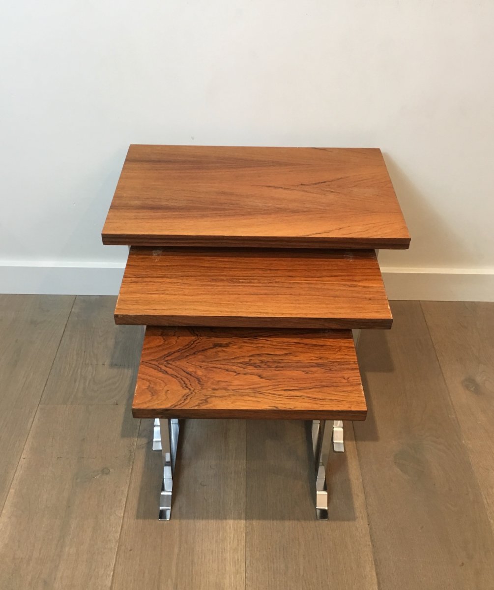 Set Of 3 Exotic Wood And Chrome Nesting Tables. French. Circa 1970-photo-3