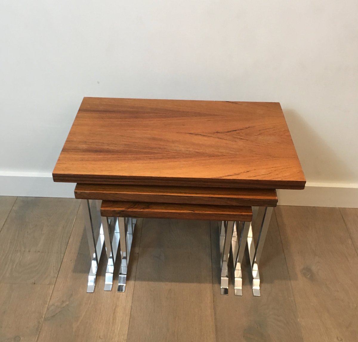 Set Of 3 Exotic Wood And Chrome Nesting Tables. French. Circa 1970-photo-4