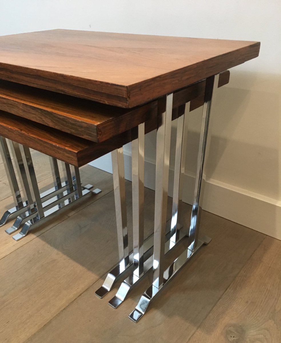 Suite De 3 Tables Gigognes En Bois Exotique Et Chrome. Travail Français. Vers 1970-photo-3