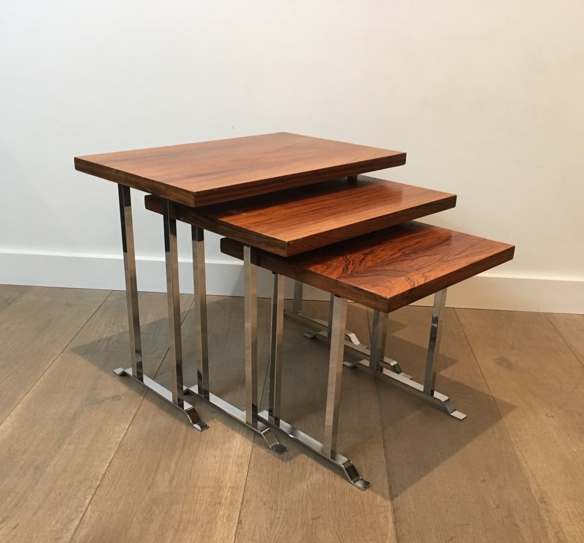 Suite De 3 Tables Gigognes En Bois Exotique Et Chrome. Travail Français. Vers 1970-photo-6