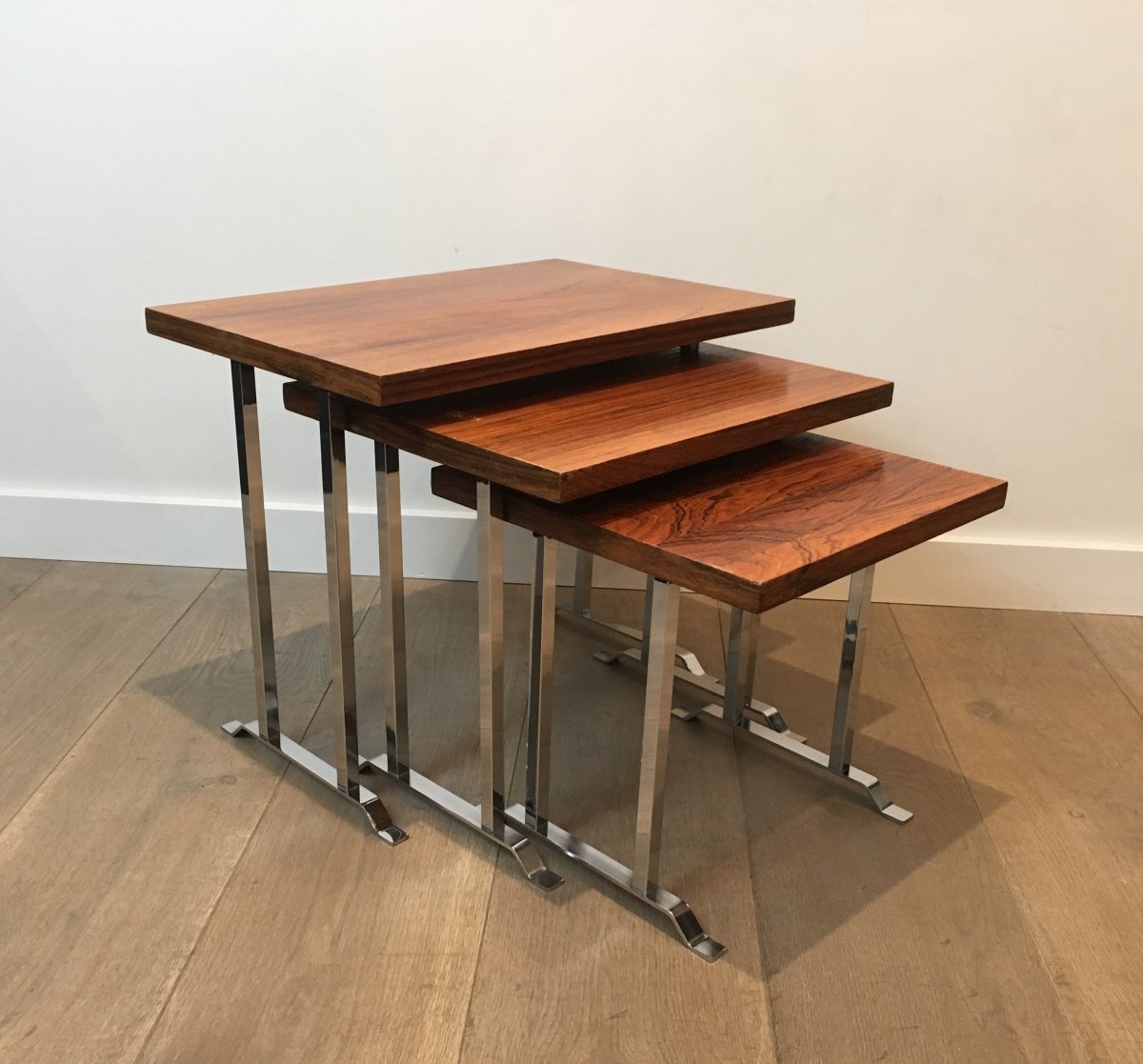 Set Of 3 Exotic Wood And Chrome Nesting Tables. French. Circa 1970-photo-6