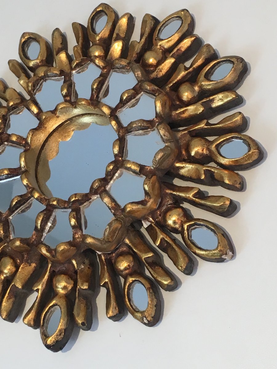 Very Small Gilt Wood Sunburst Mirror. Italian. Circa 1970-photo-3