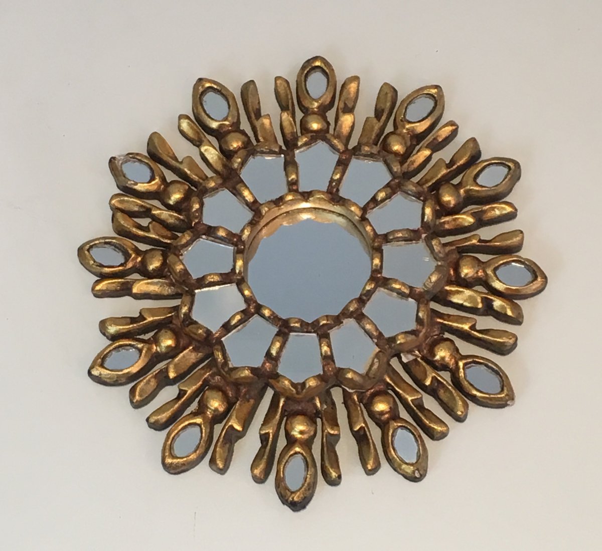 Very Small Gilt Wood Sunburst Mirror. Italian. Circa 1970-photo-4