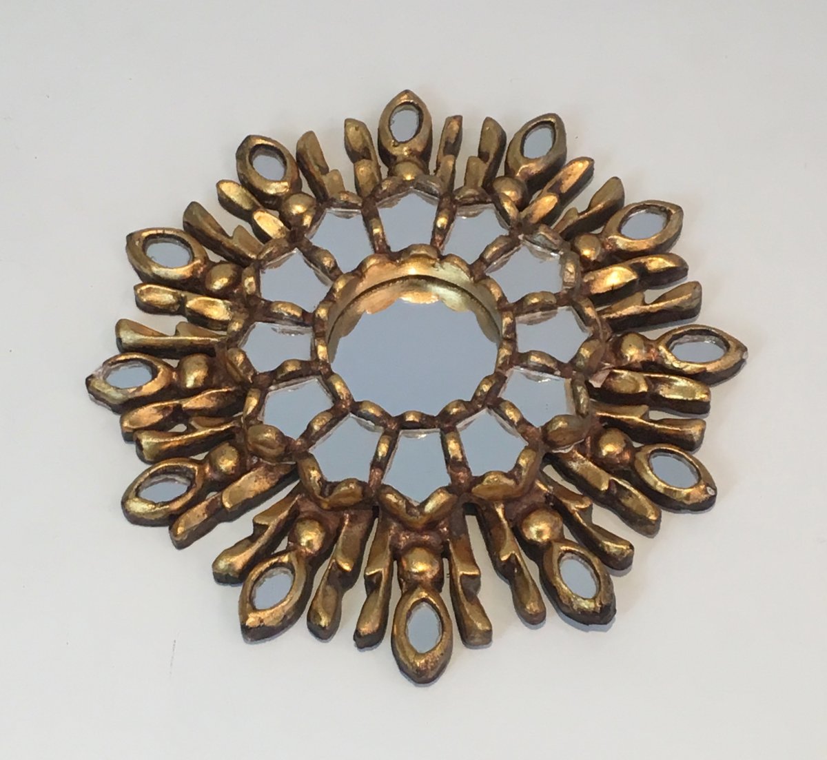 Very Small Gilt Wood Sunburst Mirror. Italian. Circa 1970-photo-7