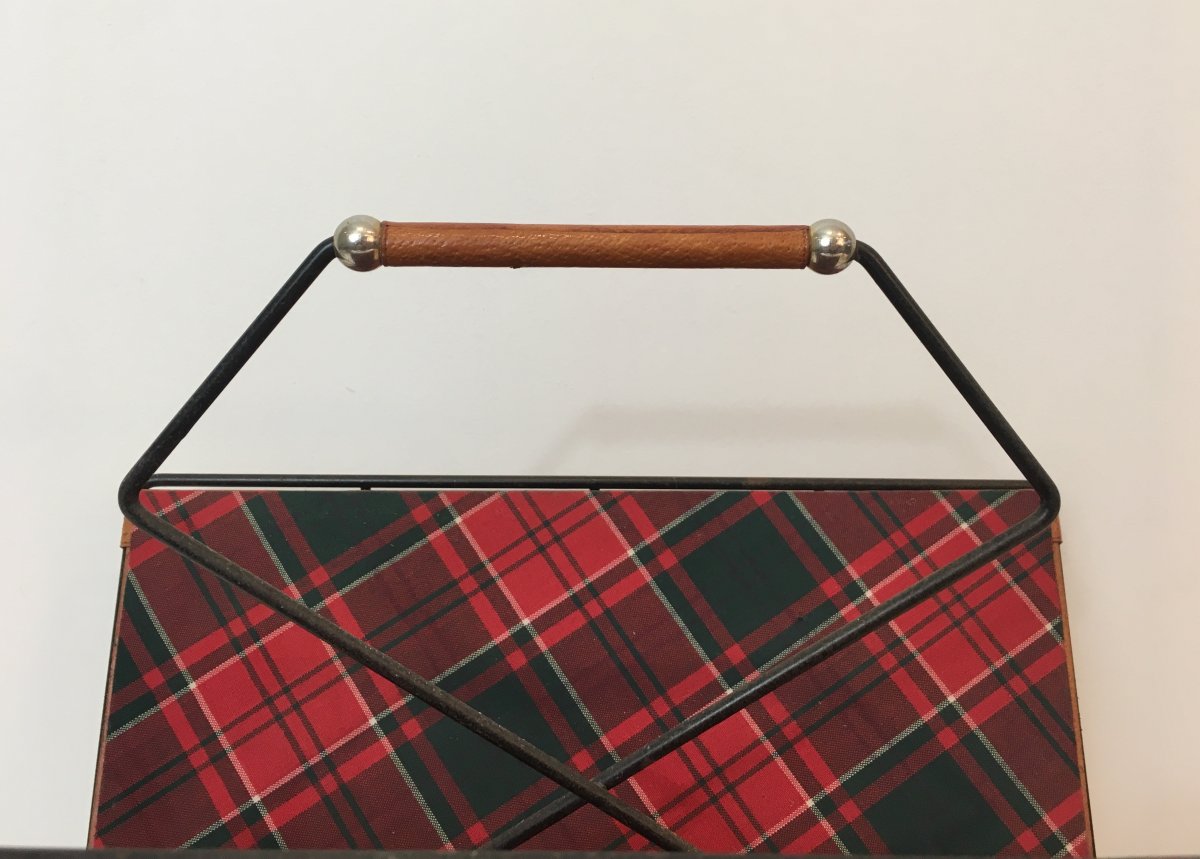 Magazine Rack In Black Lacquered Metal, Leather And Checkered Fabrics. French Work. Around 1950-photo-1