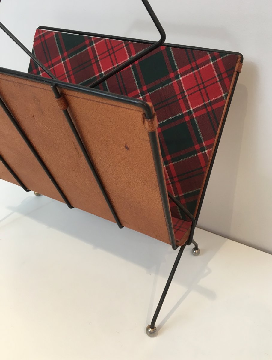 Magazine Rack In Black Lacquered Metal, Leather And Checkered Fabrics. French Work. Around 1950-photo-2