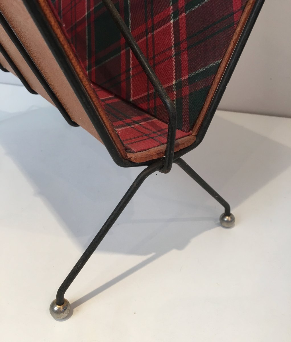 Magazine Rack In Black Lacquered Metal, Leather And Checkered Fabrics. French Work. Around 1950-photo-4