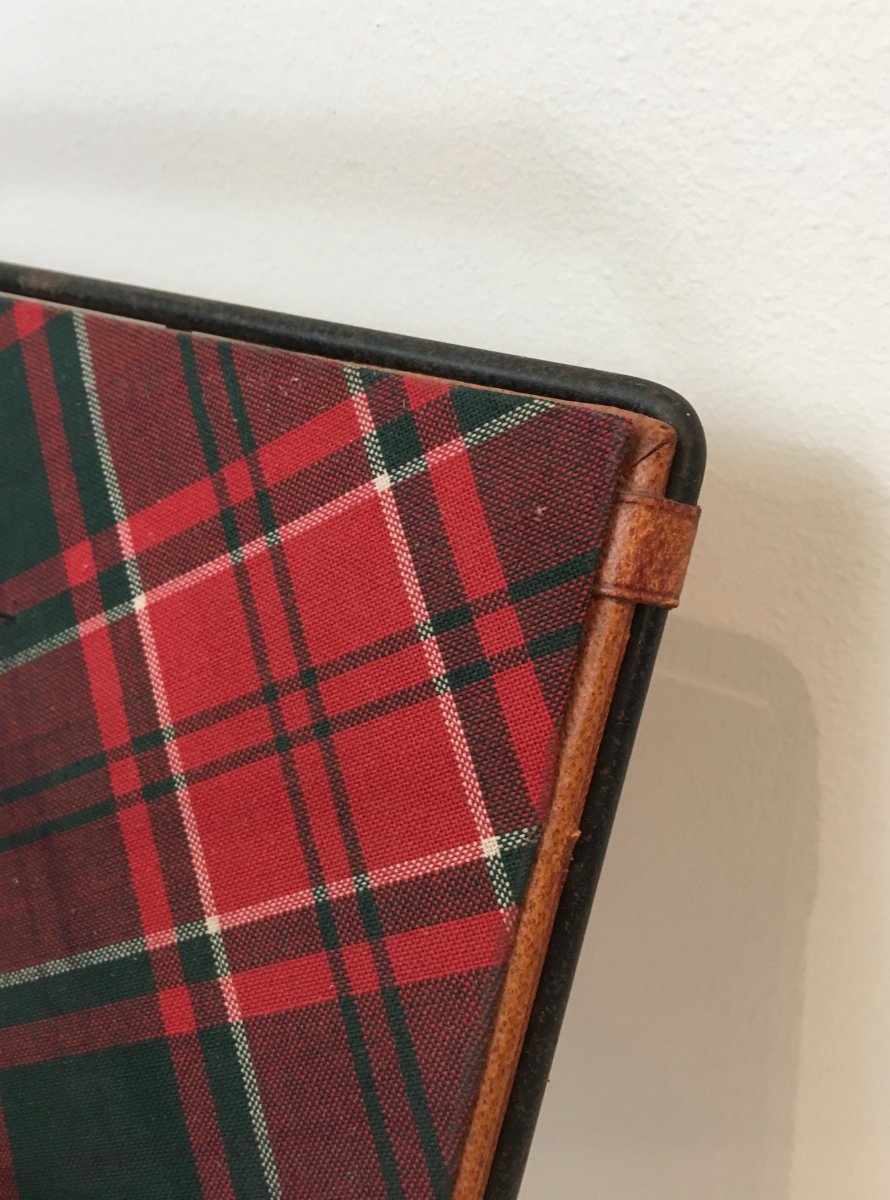 Magazine Rack In Black Lacquered Metal, Leather And Checkered Fabrics. French Work. Around 1950-photo-6