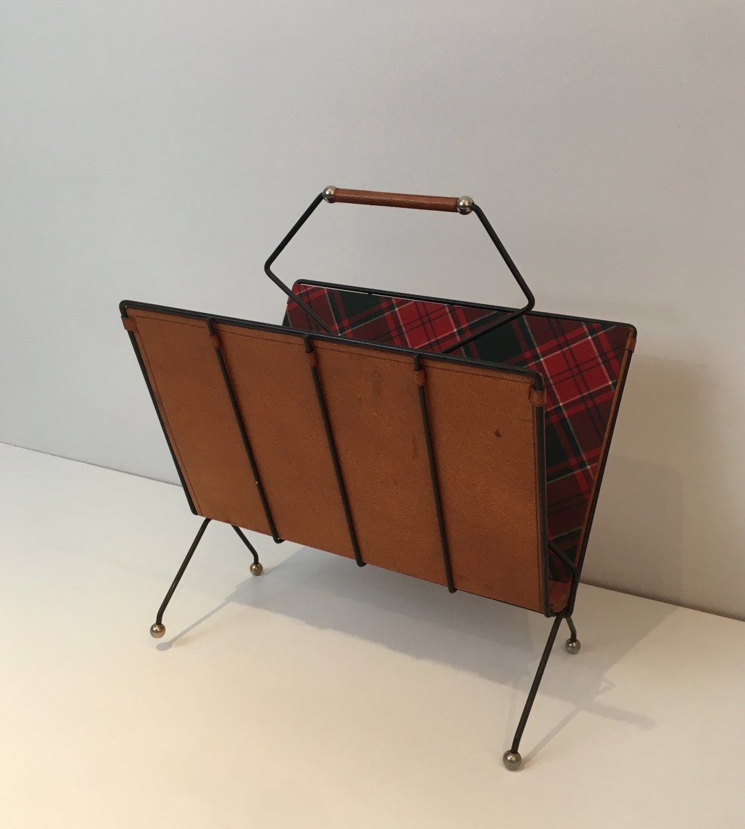 Magazine Rack In Black Lacquered Metal, Leather And Checkered Fabrics. French Work. Around 1950-photo-7