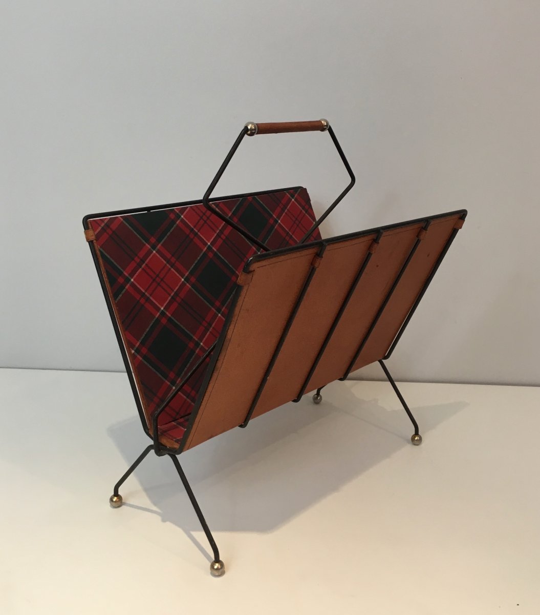 Magazine Rack In Black Lacquered Metal, Leather And Checkered Fabrics. French Work. Around 1950