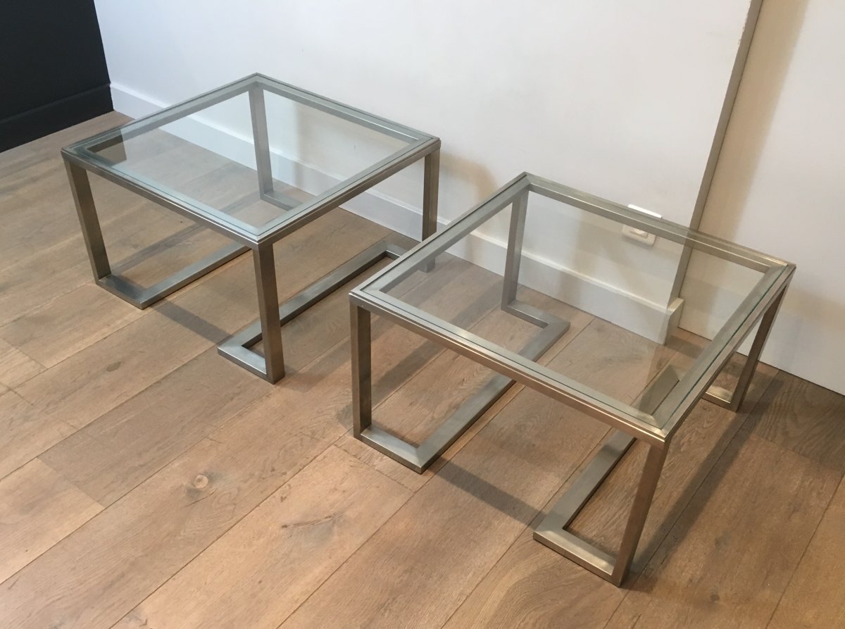 Pair Of Design Brushed Steel Side Tables. French. Circa 1970-photo-3