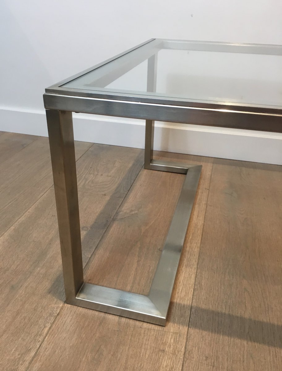 Pair Of Design Brushed Steel Side Tables. French. Circa 1970-photo-6