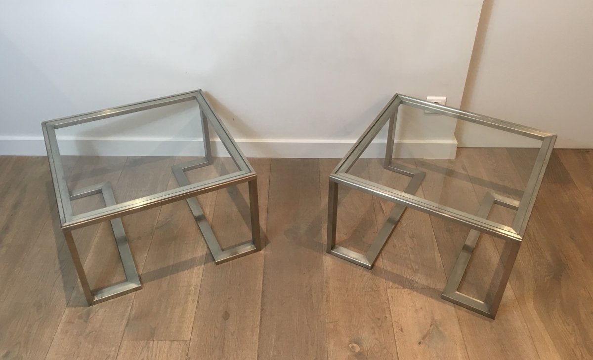 Pair Of Design Brushed Steel Side Tables. French. Circa 1970