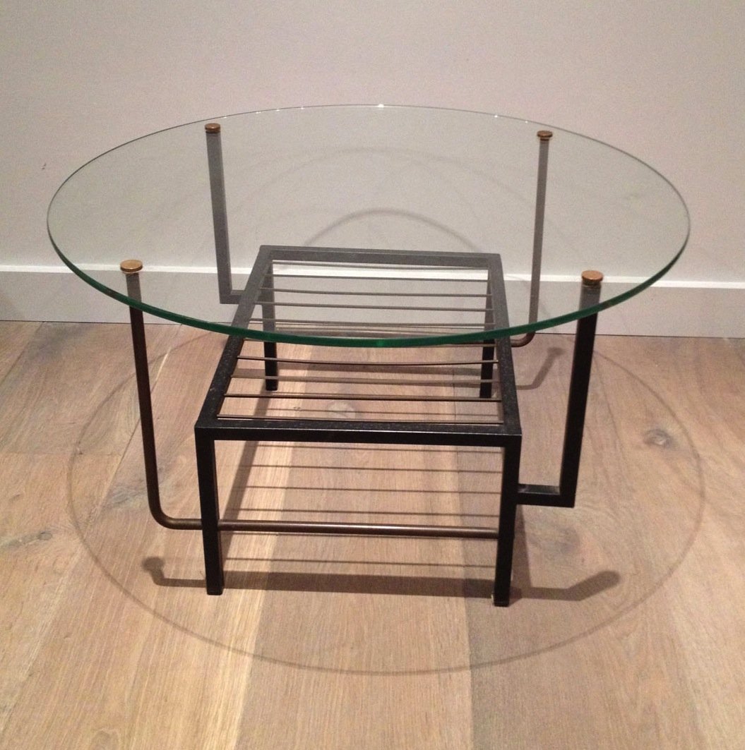 Black Lacquered Metal And Brass Small Coffee Table With Glass. In The Style Of Mathieu Matégot. -photo-2