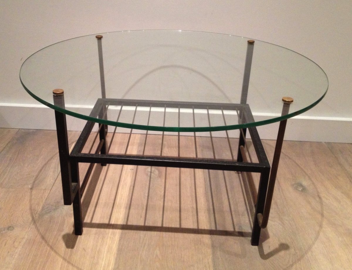 Black Lacquered Metal And Brass Small Coffee Table With Glass. In The Style Of Mathieu Matégot. -photo-4