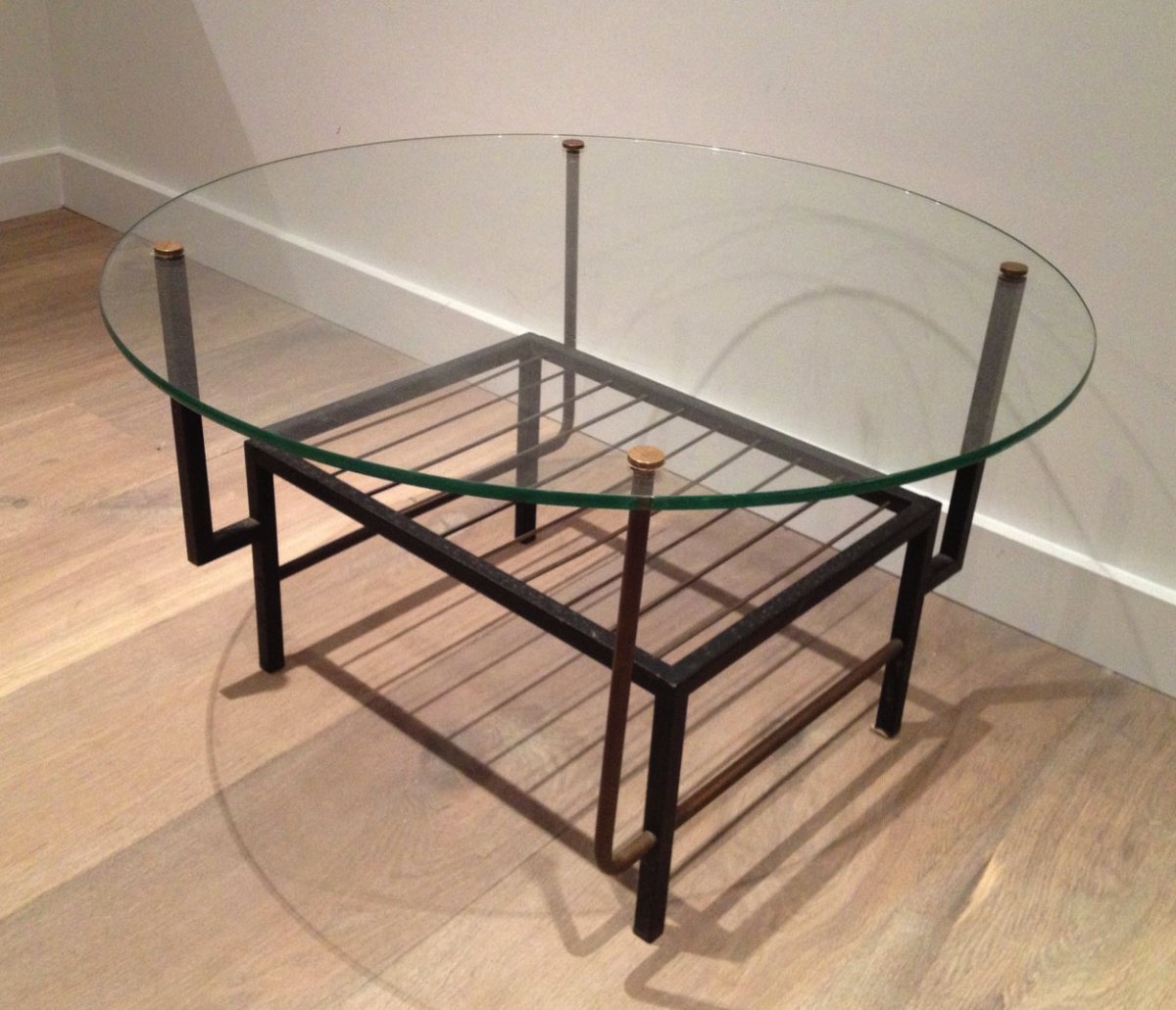 Black Lacquered Metal And Brass Small Coffee Table With Glass. In The Style Of Mathieu Matégot. -photo-7