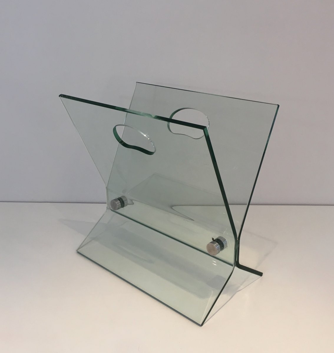 Glass And Brushed Steel Design Magazine Rack. In The Style Of François Arnal. French. 1970's-photo-3