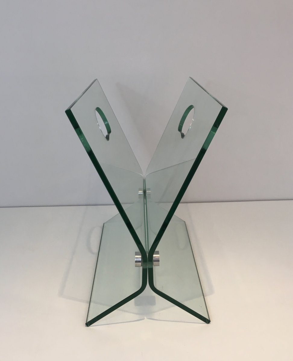 Glass And Brushed Steel Design Magazine Rack. In The Style Of François Arnal. French. 1970's-photo-2