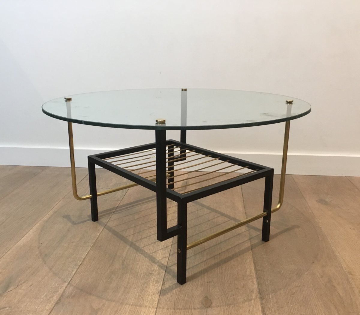 Attributed To Mathieu Matégot. Rare Black Lacquered And Brass Round Coffee Table With Glass Top. French. Circa 1950-photo-4