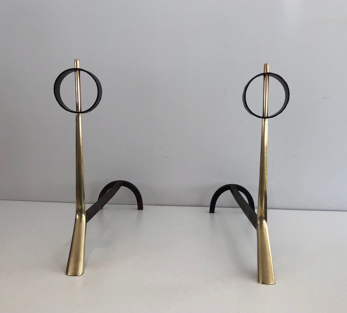 Pair Of Modernist Bronze And Wrought Iron Andirons. Italian. Circa 1950-photo-2