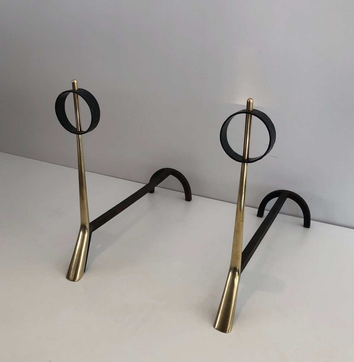 Pair Of Modernist Bronze And Wrought Iron Andirons. Italian. Circa 1950-photo-8