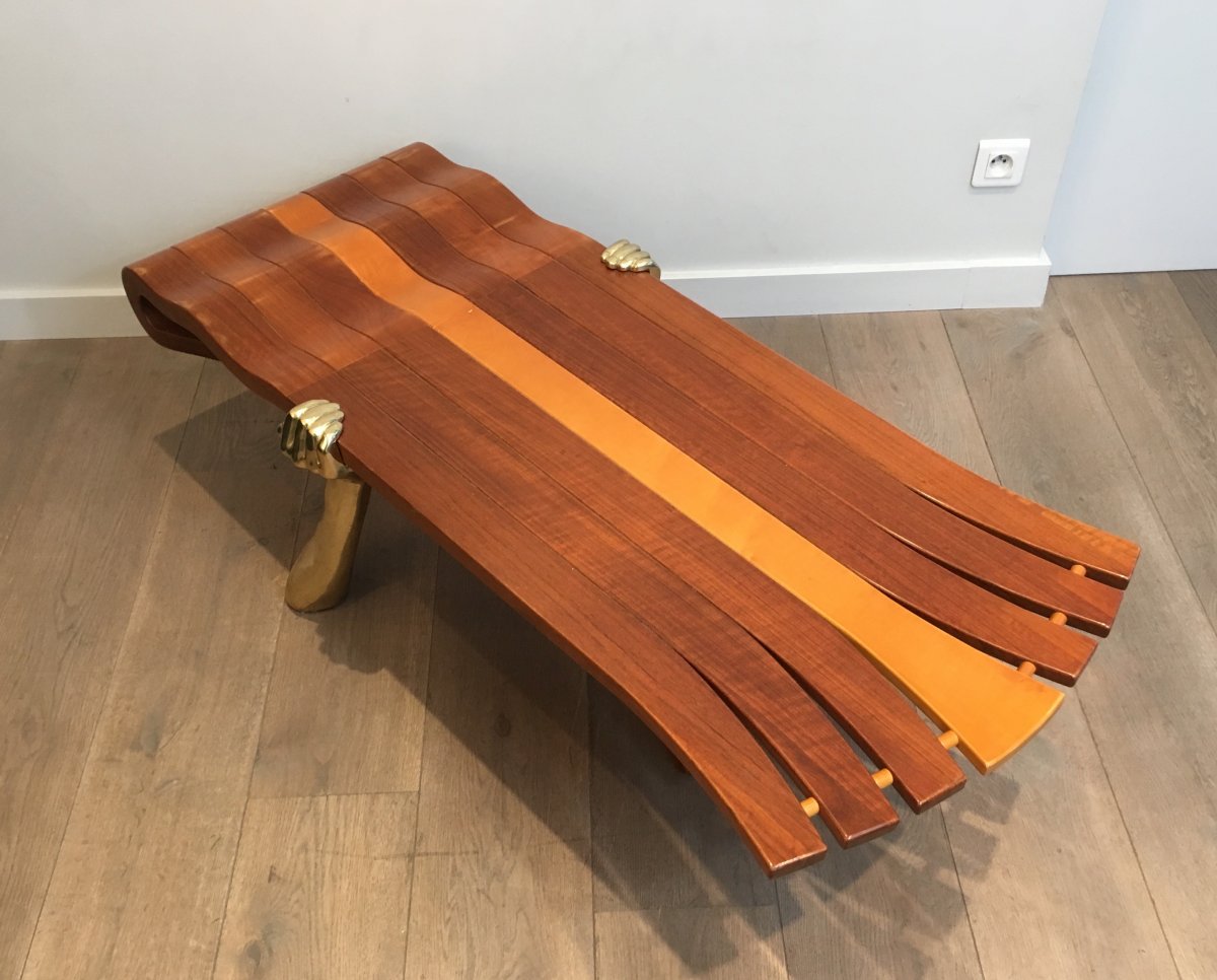 Unique Coffee Table Made Of A Thick Free Form Wood Top Supported By 2 Gilt Brass Arms-photo-2