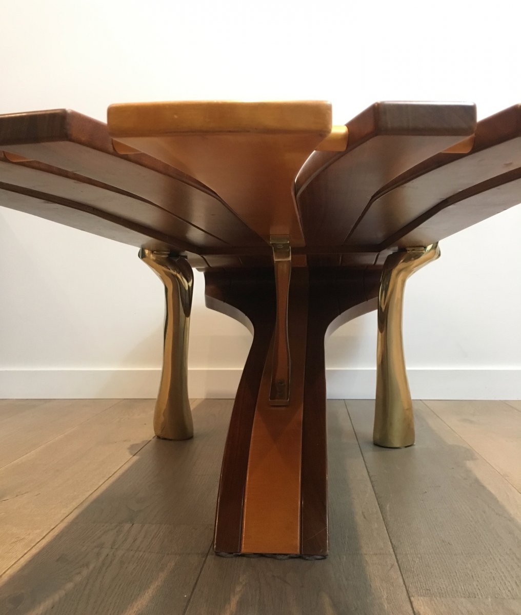 Unique Coffee Table Made Of A Thick Free Form Wood Top Supported By 2 Gilt Brass Arms-photo-4