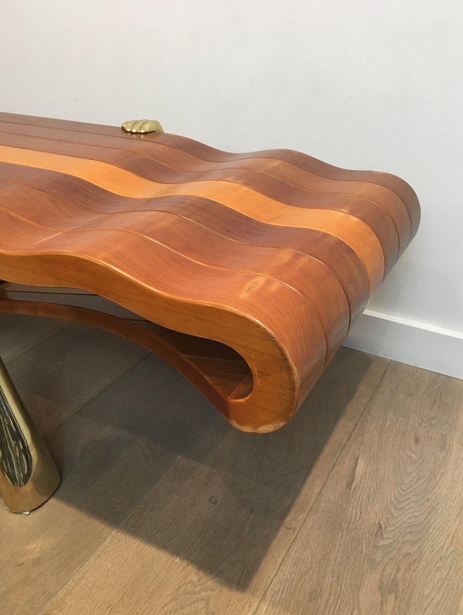 Unique Coffee Table Made Of A Thick Free Form Wood Top Supported By 2 Gilt Brass Arms-photo-7