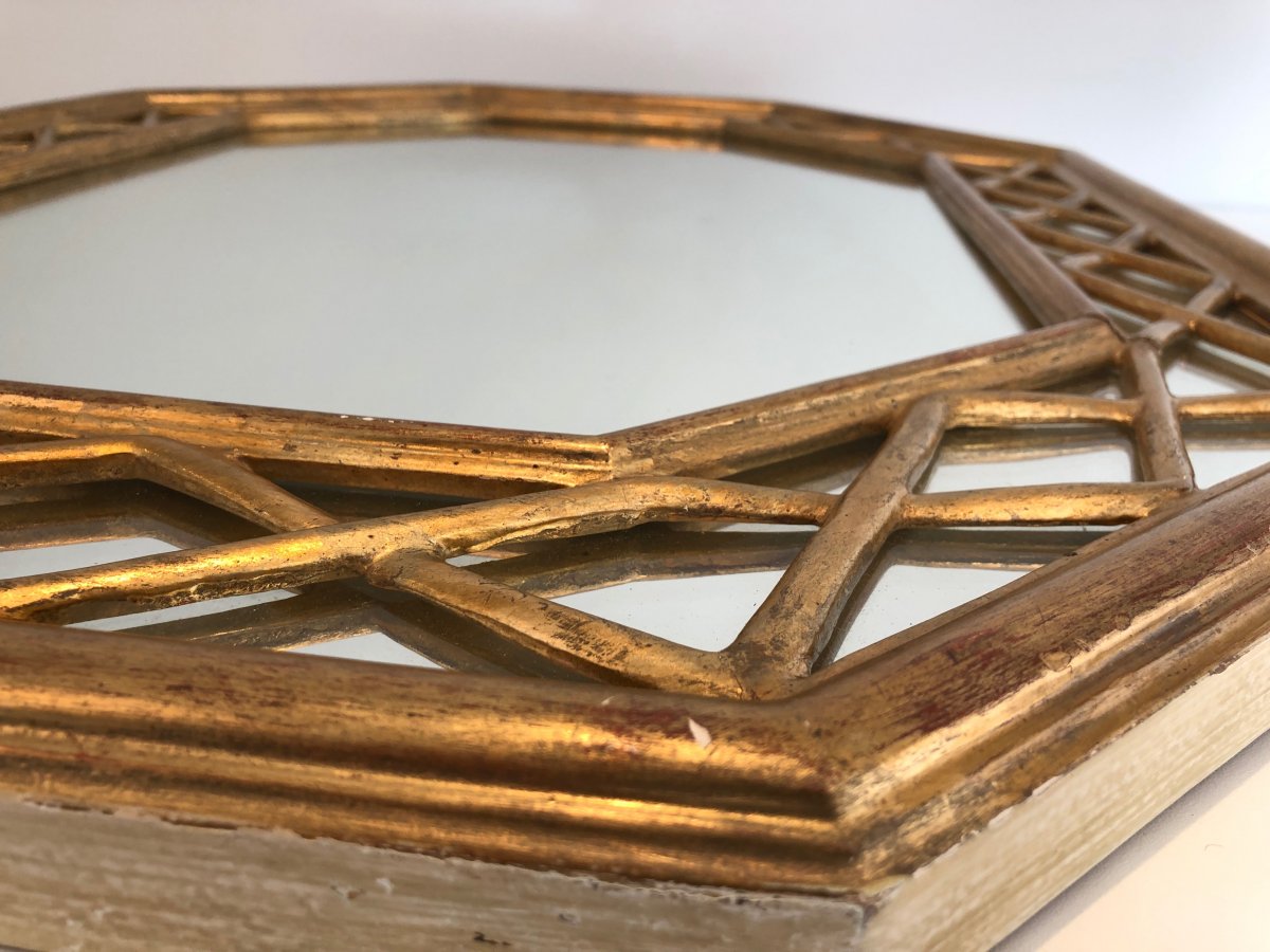 Miroir Octogonal En Bois Doré à Pare-closes. Travail Français. Vers 1970-photo-4