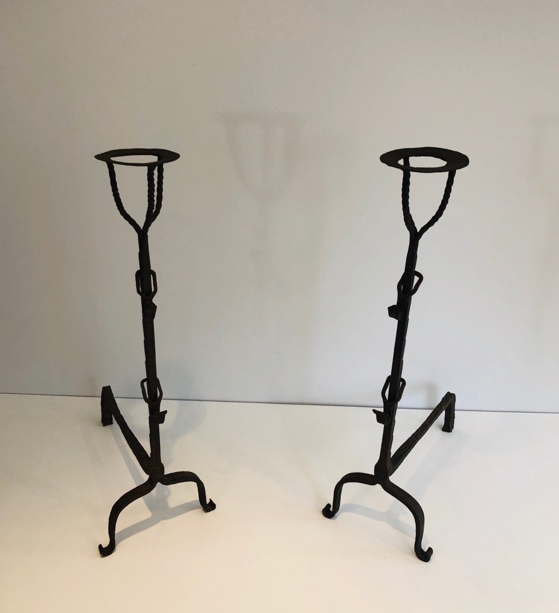 Pair Of Wrought Iron Landiers. French. 17th Century