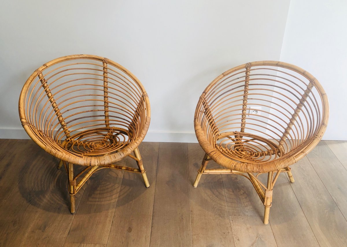 Paire De Fauteuils En Rotin. Travail Français. Vers 1970