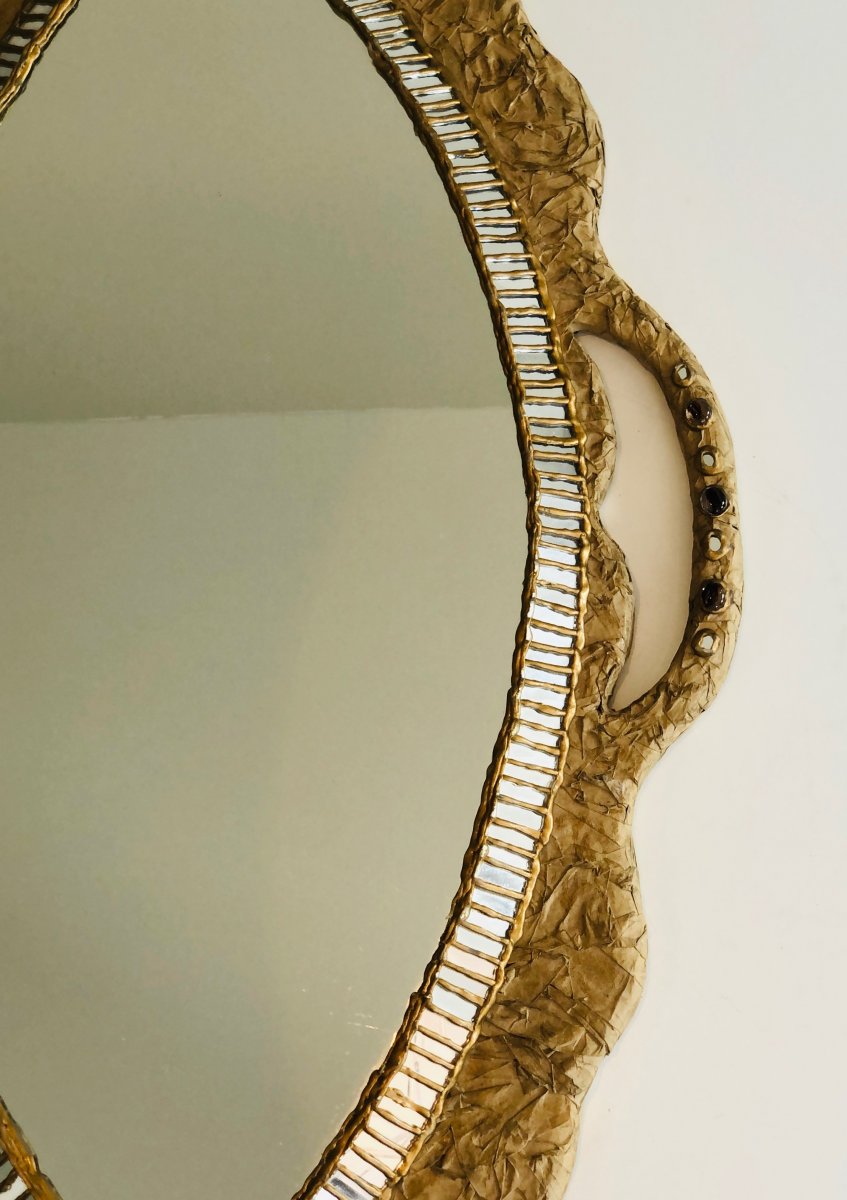 By Catherine David. Unusual Mirror Made Of Paper Mache And Mirror Marquetry And Incrustations. -photo-1