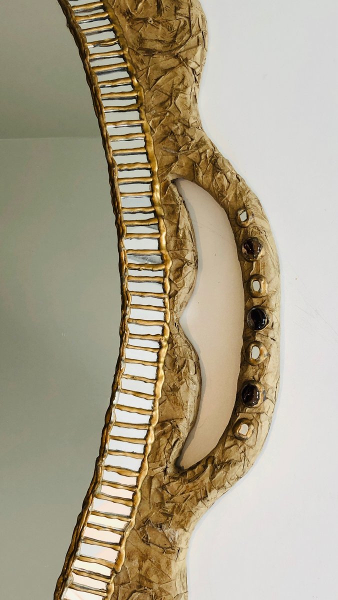 By Catherine David. Unusual Mirror Made Of Paper Mache And Mirror Marquetry And Incrustations. -photo-2