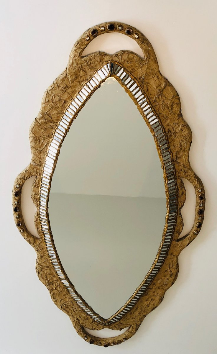 By Catherine David. Unusual Mirror Made Of Paper Mache And Mirror Marquetry And Incrustations. -photo-7