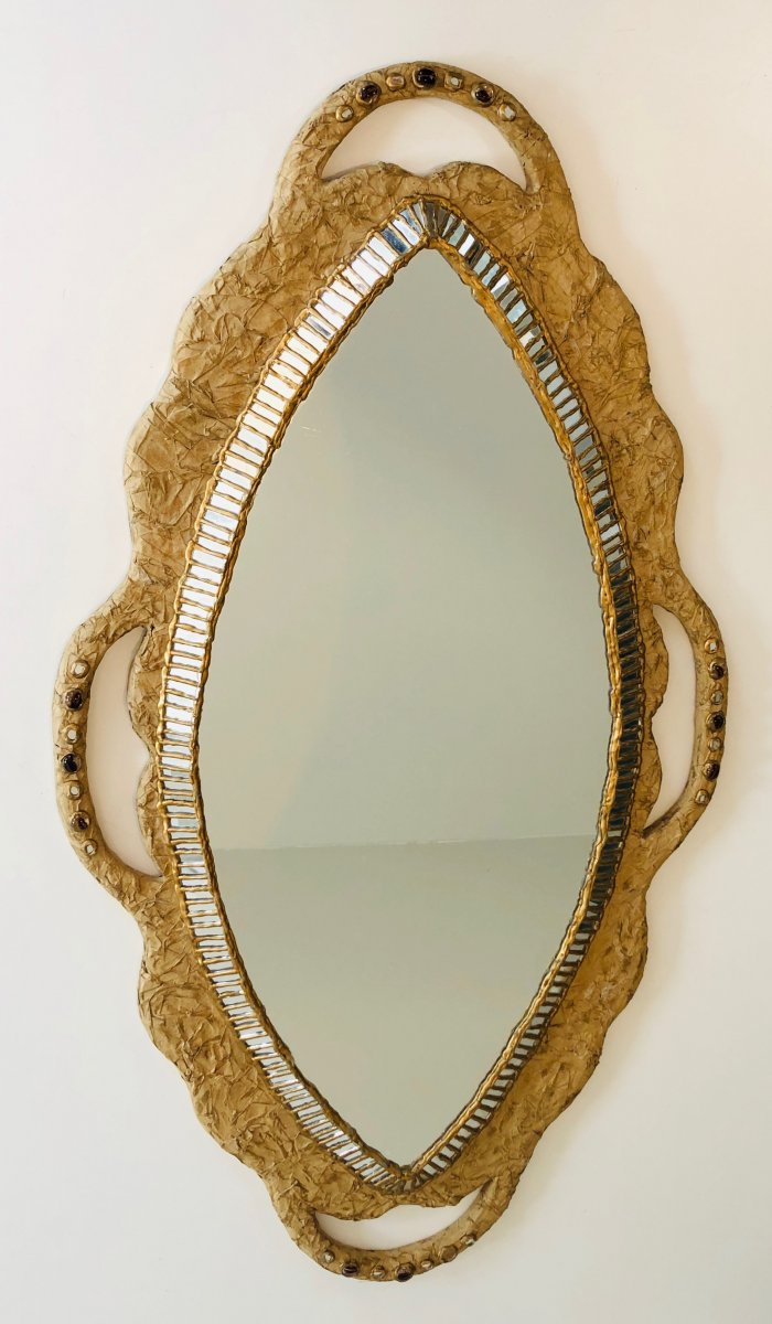 By Catherine David. Unusual Mirror Made Of Paper Mache And Mirror Marquetry And Incrustations. -photo-8