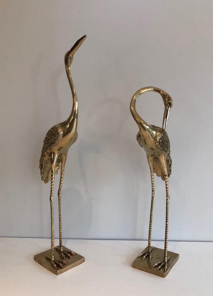 Pair Of Decorative Chiseled Brass Herons. French. Circa 1970-photo-2