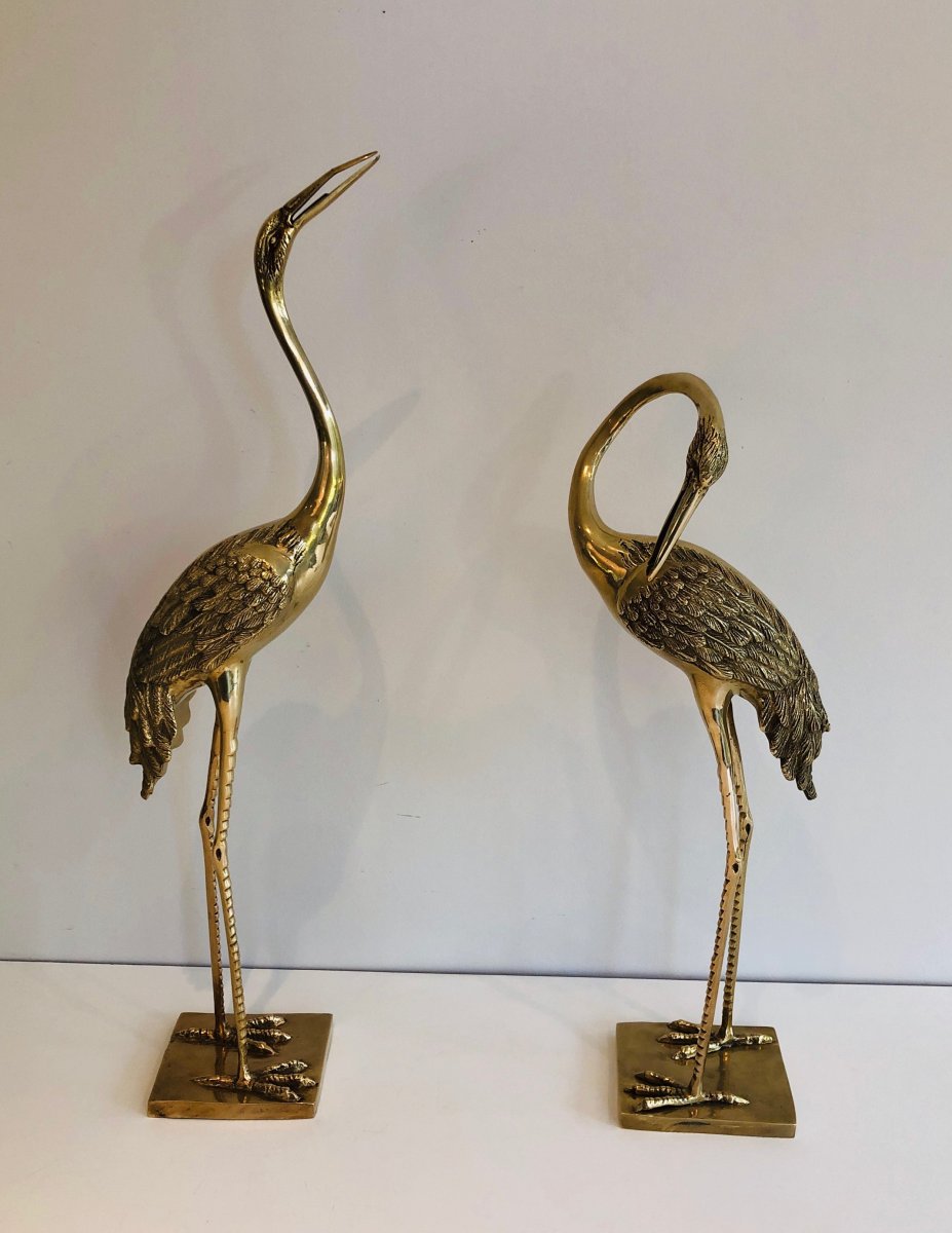 Pair Of Decorative Chiseled Brass Herons. French. Circa 1970-photo-8