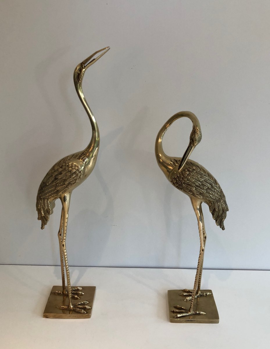 Pair Of Decorative Chiseled Brass Herons. French. Circa 1970