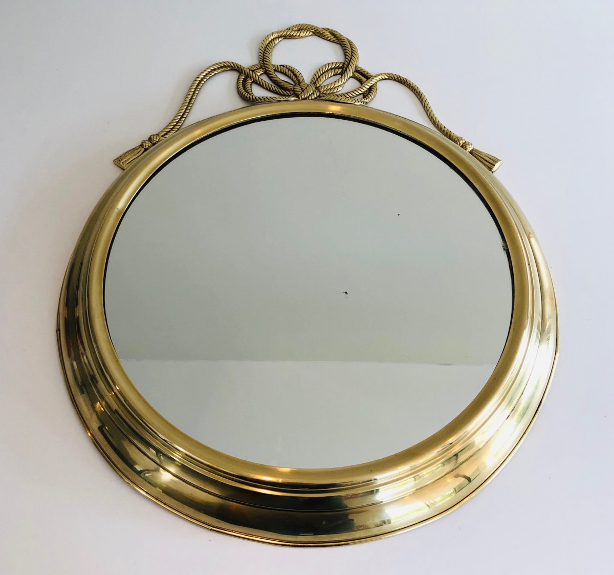  Decorative Oval Brass Mirror With Large Noddles On Top. French. Circa 1970-photo-2