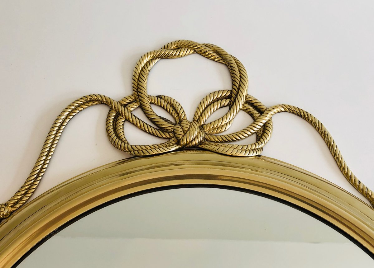  Decorative Oval Brass Mirror With Large Noddles On Top. French. Circa 1970-photo-1