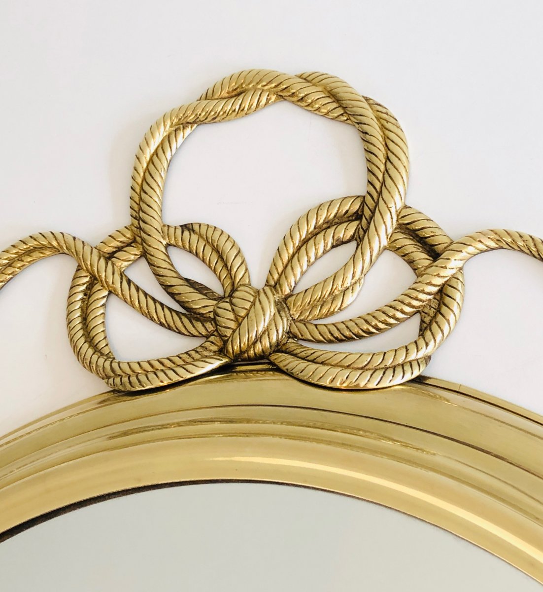  Decorative Oval Brass Mirror With Large Noddles On Top. French. Circa 1970-photo-2