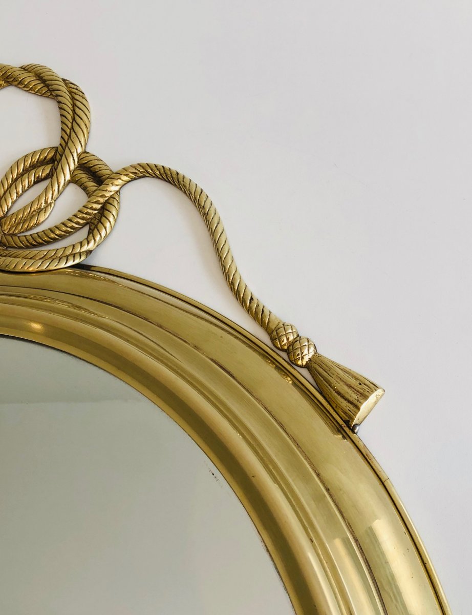  Decorative Oval Brass Mirror With Large Noddles On Top. French. Circa 1970-photo-5