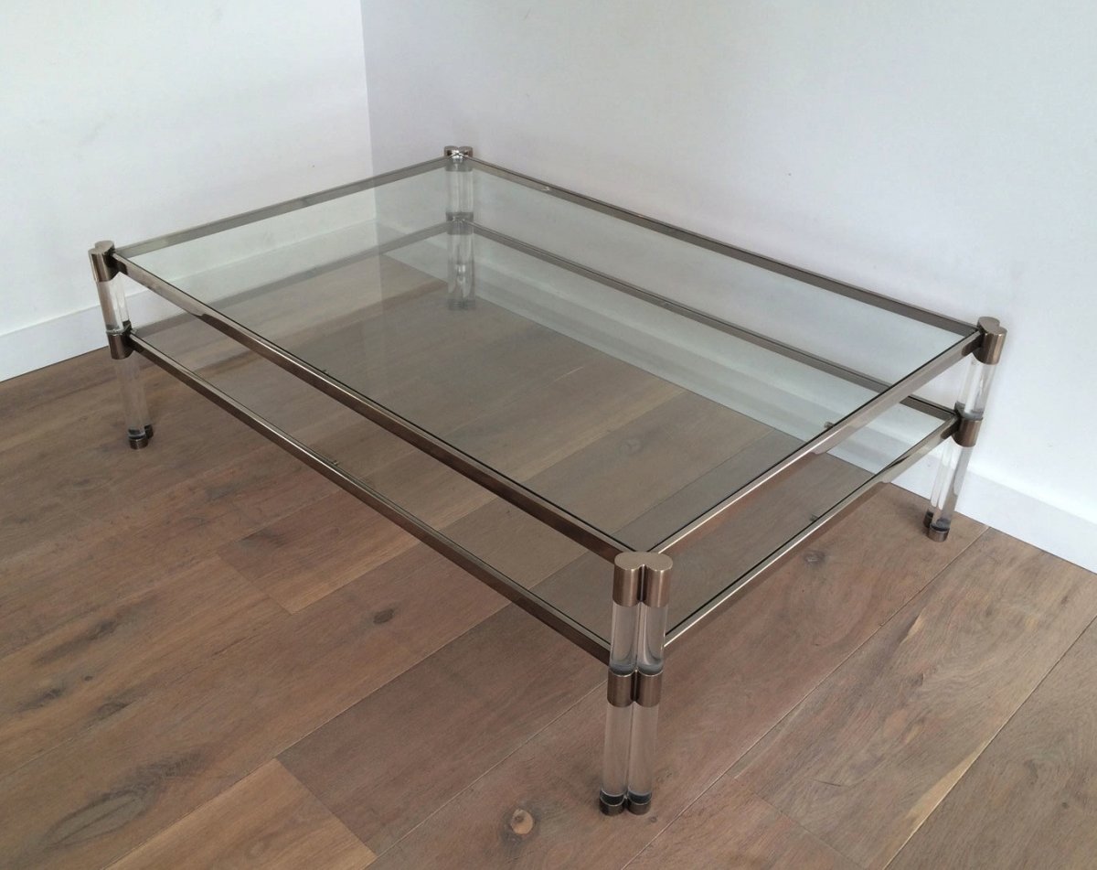 Grande Table Basse En Plexiglass Et Chrome à Double Plateau De Verre. Travail Français. 1970's