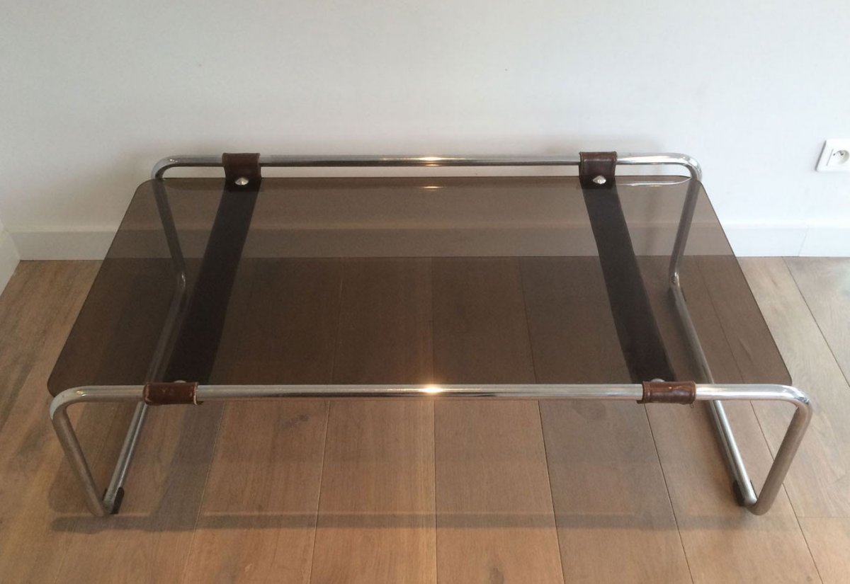 Table Basse En Chrome, Cuir Et Verre Fumé. Travail Français. Vers 1950-photo-2